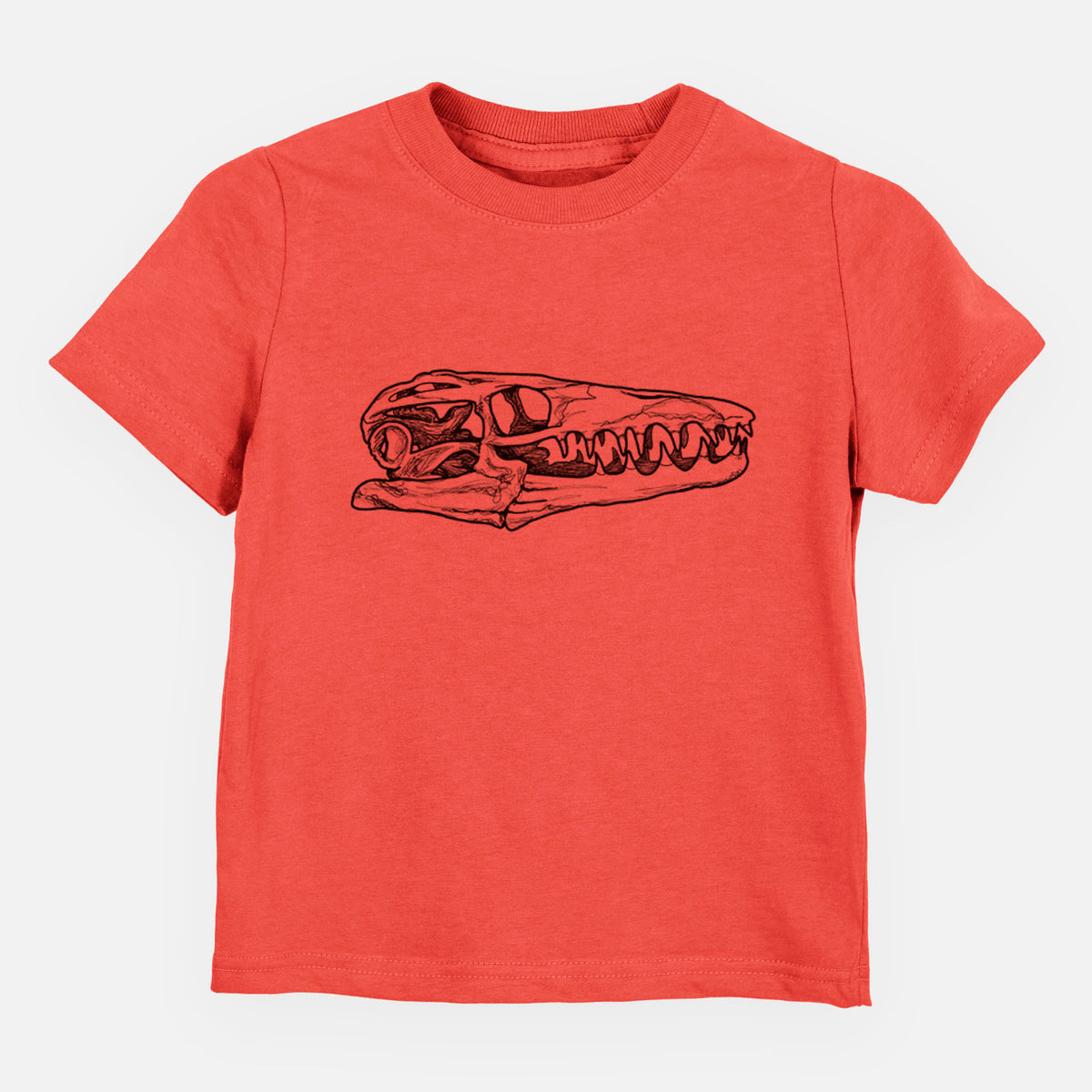 Passionfruit pink toddler t-shirt laid flat, printed with a detailed black ink illustration of a Mosasaur skull.