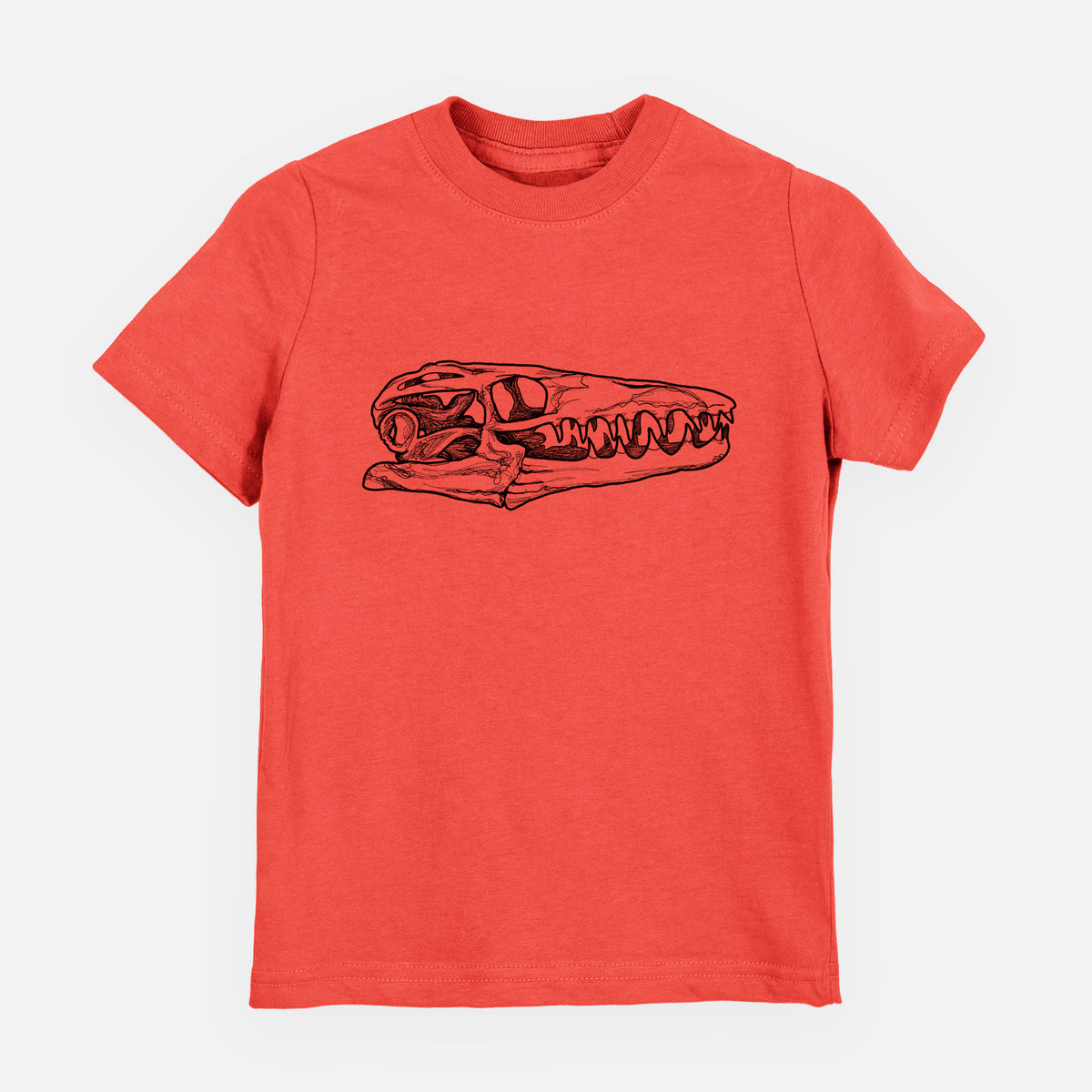 Passionfruit pink youth t-shirt laid flat, printed with a detailed black ink illustration of a Mosasaur skull.