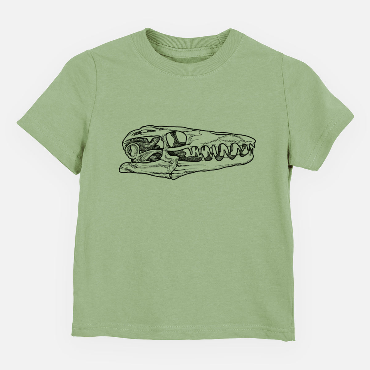 Sage green toddler t-shirt laid flat, printed with a detailed black ink illustration of a Mosasaur skull.