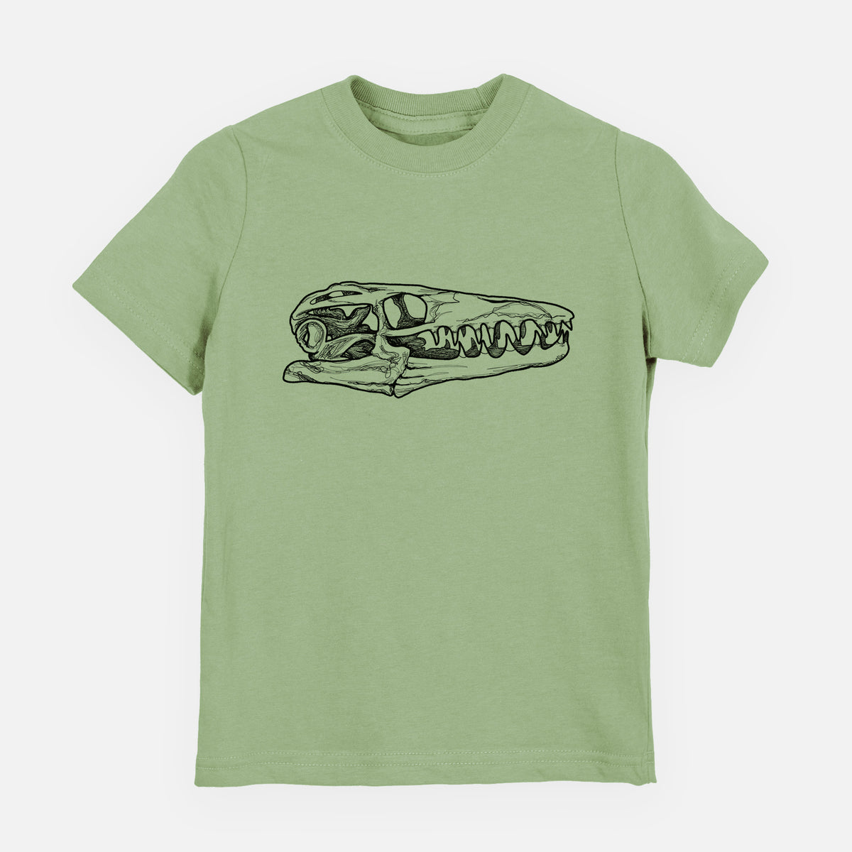 Sage green youth t-shirt laid flat, printed with a detailed black ink illustration of a Mosasaur skull.