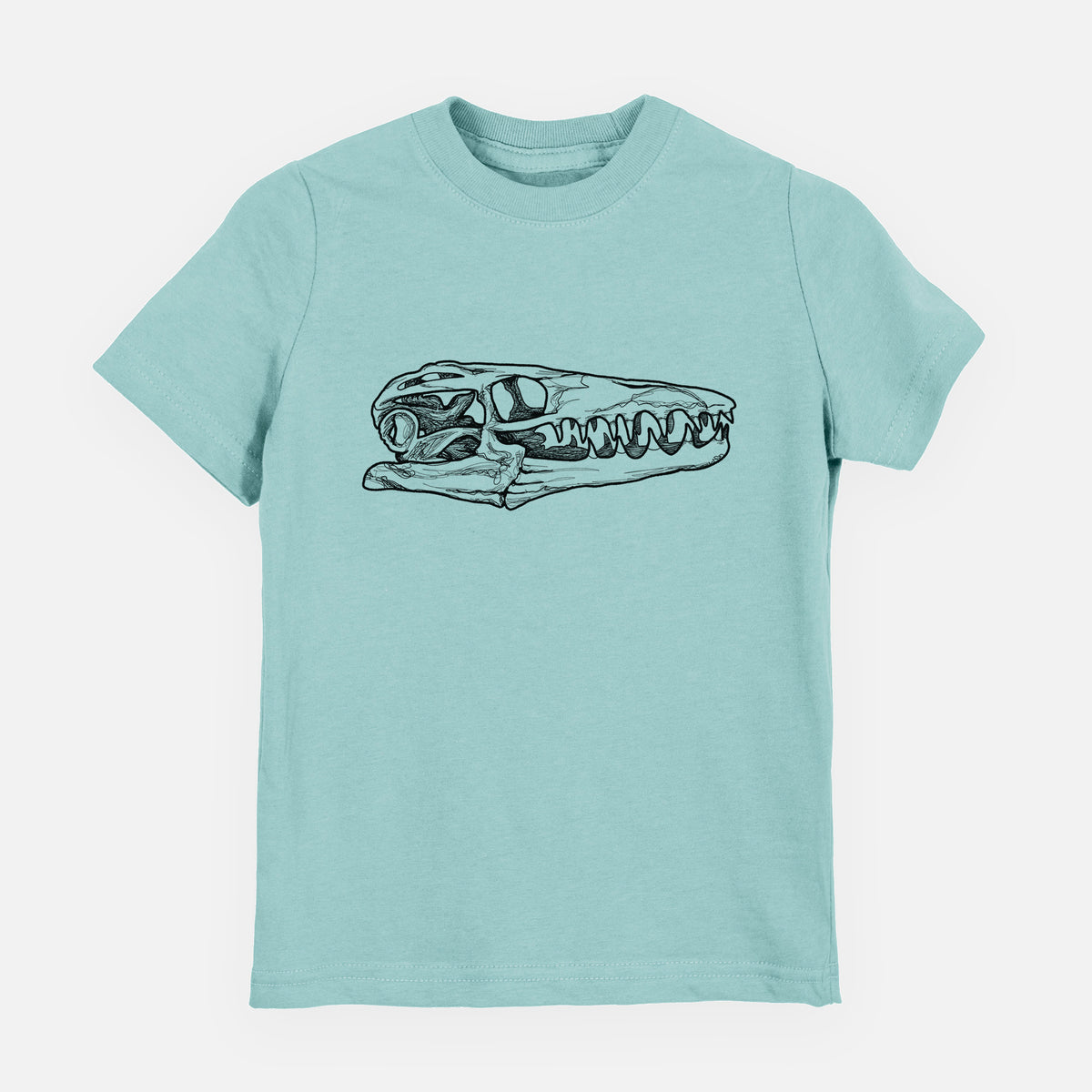 Saltwater youth t-shirt laid flat, printed with a detailed black ink illustration of a Mosasaur skull.