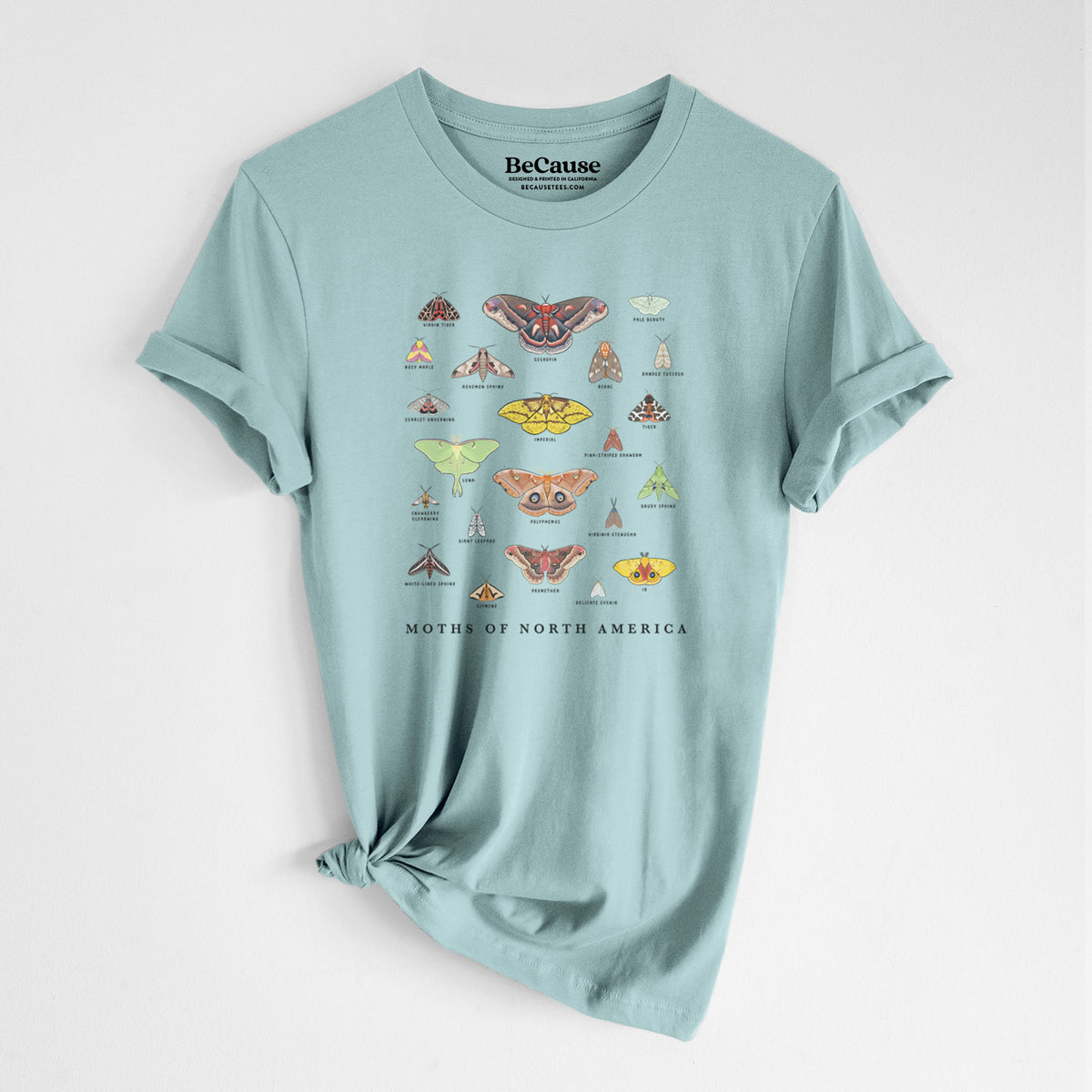 Dusty blue lightweight cotton t-shirt laid flat with the sleeves rolled, printed with a full-color chart of North American moths, each labeled with its species.