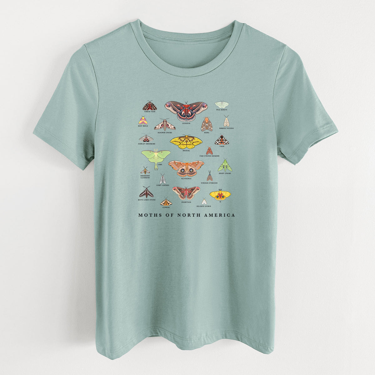 Dusty blue women's relaxed fit cotton t-shirt laid flat, printed with a full-color chart of North American moths, each labeled with its species.