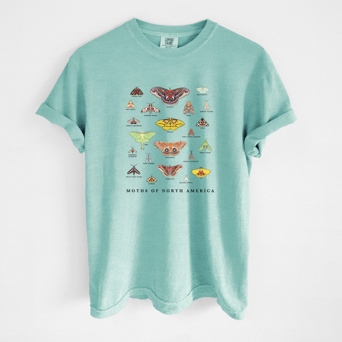 Chalky mint Comfort Colors t-shirt laid flat, printed with a full-color chart of North American moths, each labeled with its species.