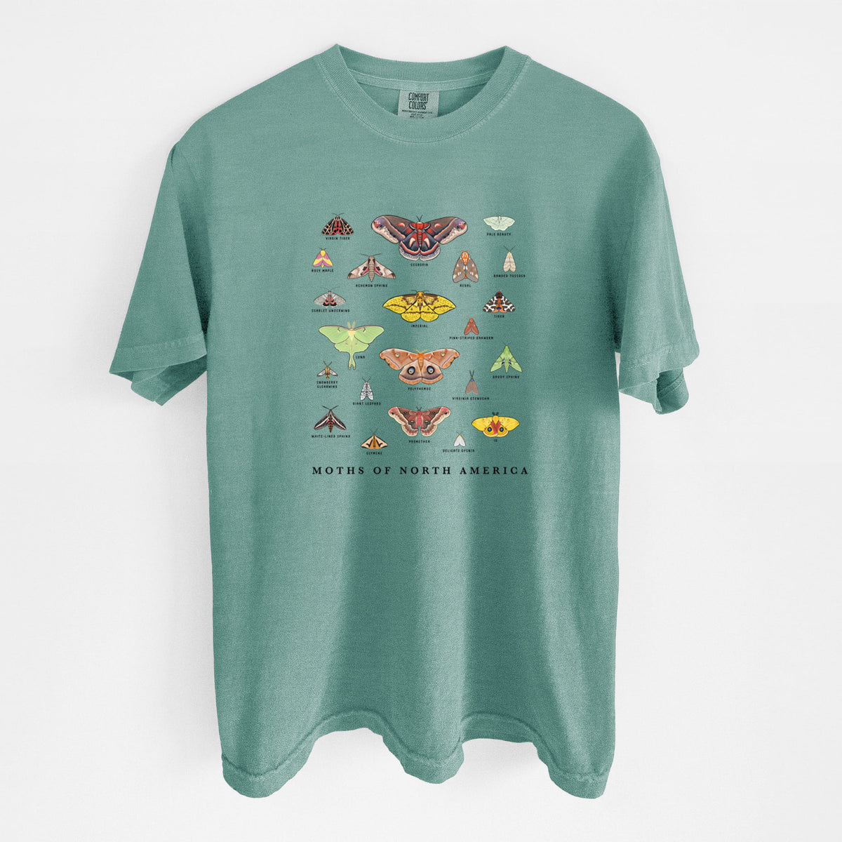 Reef green Comfort Colors t-shirt laid flat, printed with a full-color chart of North American moths, each labeled with its species.