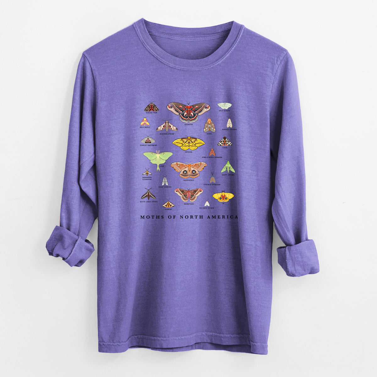 Violet purple Comfort Colors long sleeve shirt laid flat with the cuffs rolled, printed with a full-color chart of North American moths, each labeled with its species.