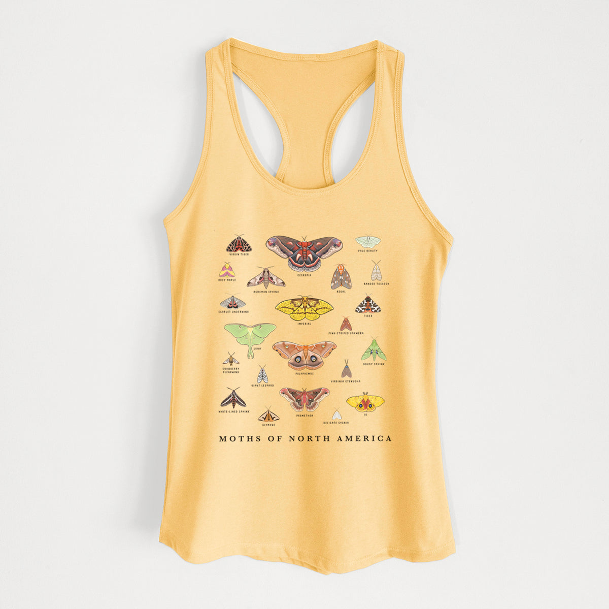 Banana cream women's racerback tank top laid flat, printed with a full-color chart of North American moths, each labeled with its species.