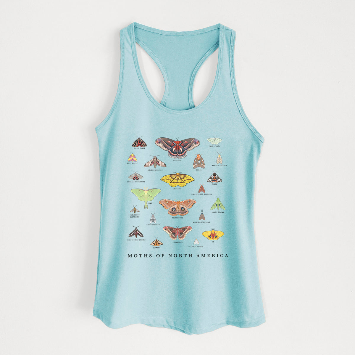 Cancun blue women's racerback tank top laid flat, printed with a full-color chart of North American moths, each labeled with its species.
