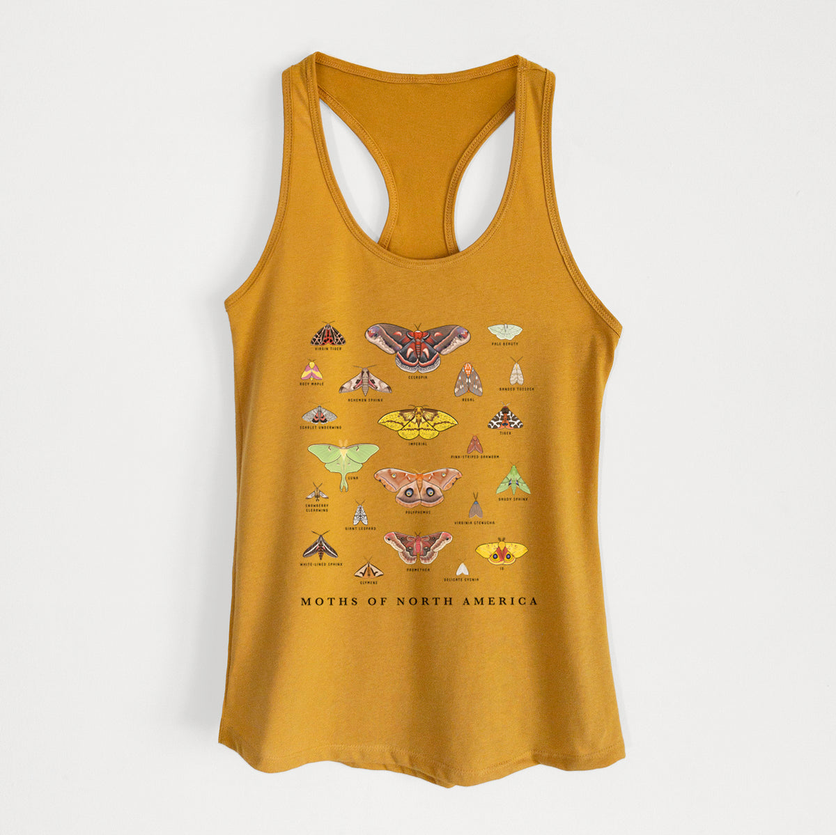 Gold women's racerback tank top laid flat, printed with a full-color chart of North American moths, each labeled with its species.
