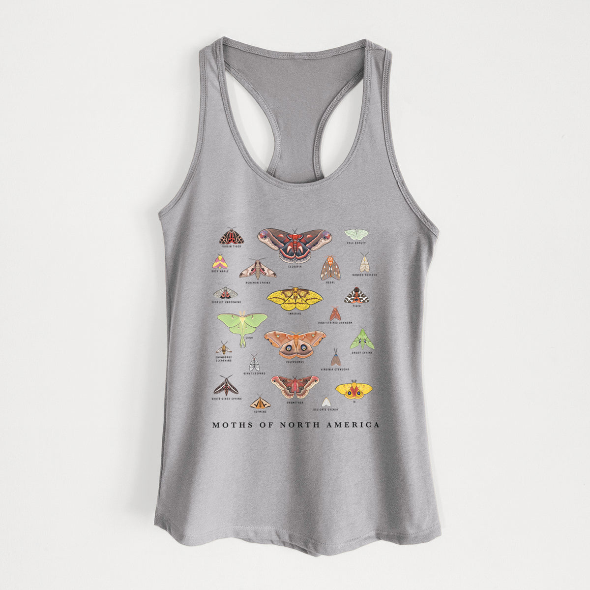 Heather grey women's racerback tank top laid flat, printed with a full-color chart of North American moths, each labeled with its species.