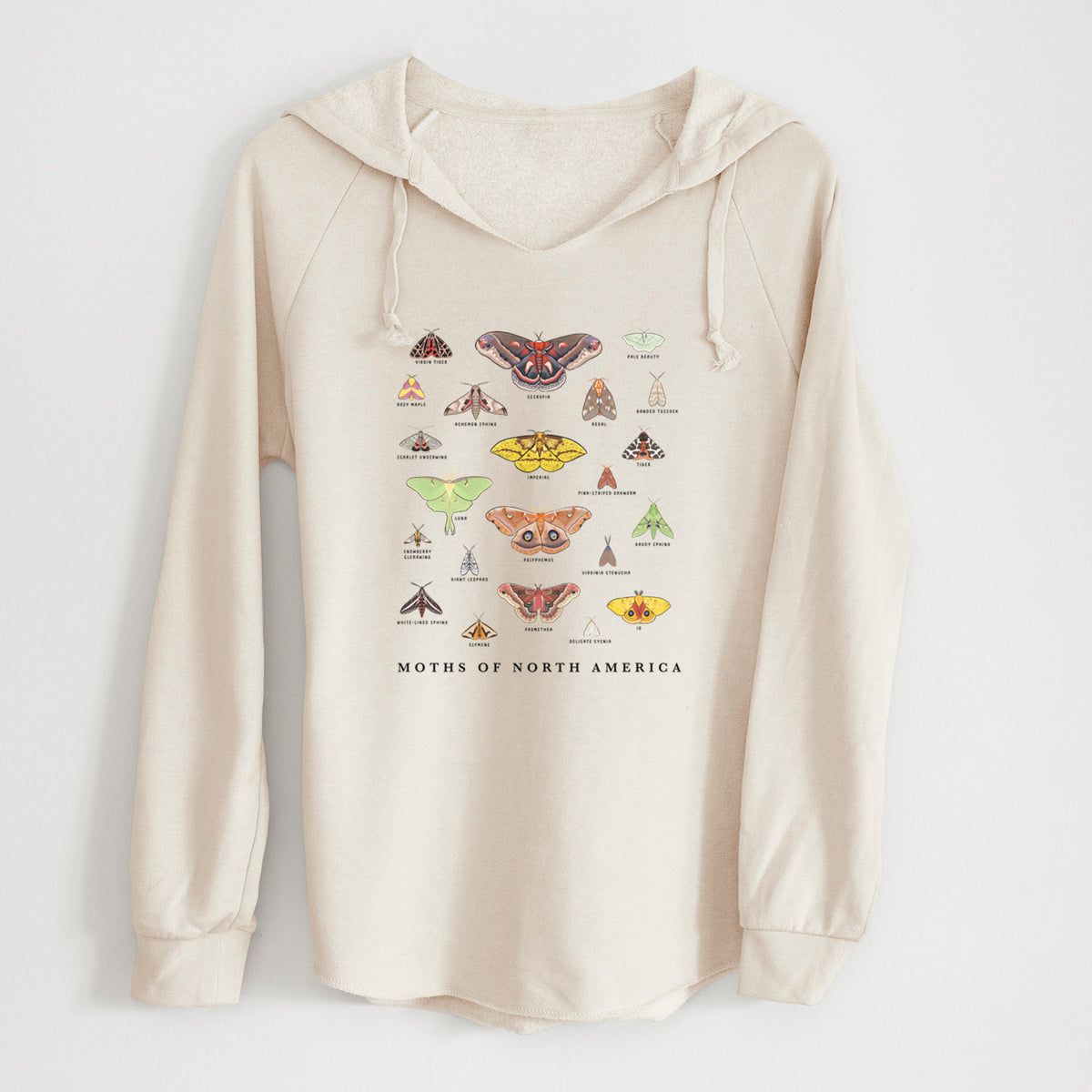 Bone cream women's Cali Wave hooded sweatshirt laid flat, printed with a full-color chart of North American moths, each labeled with its species.