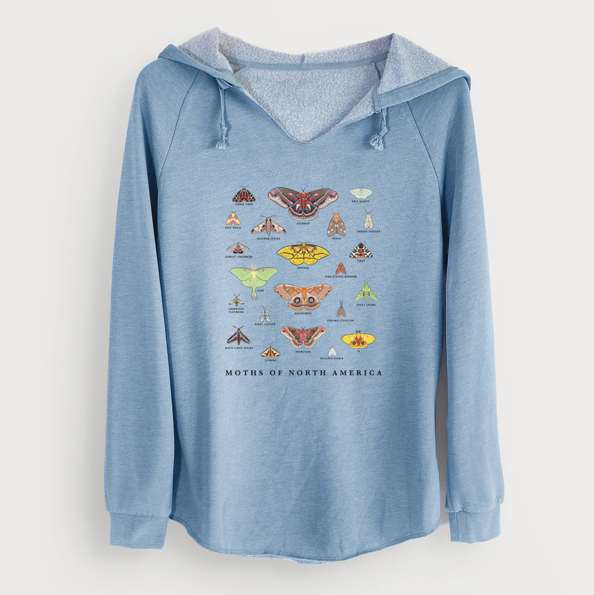 Misty blue women's Cali Wave hooded sweatshirt laid flat, printed with a full-color chart of North American moths, each labeled with its species.