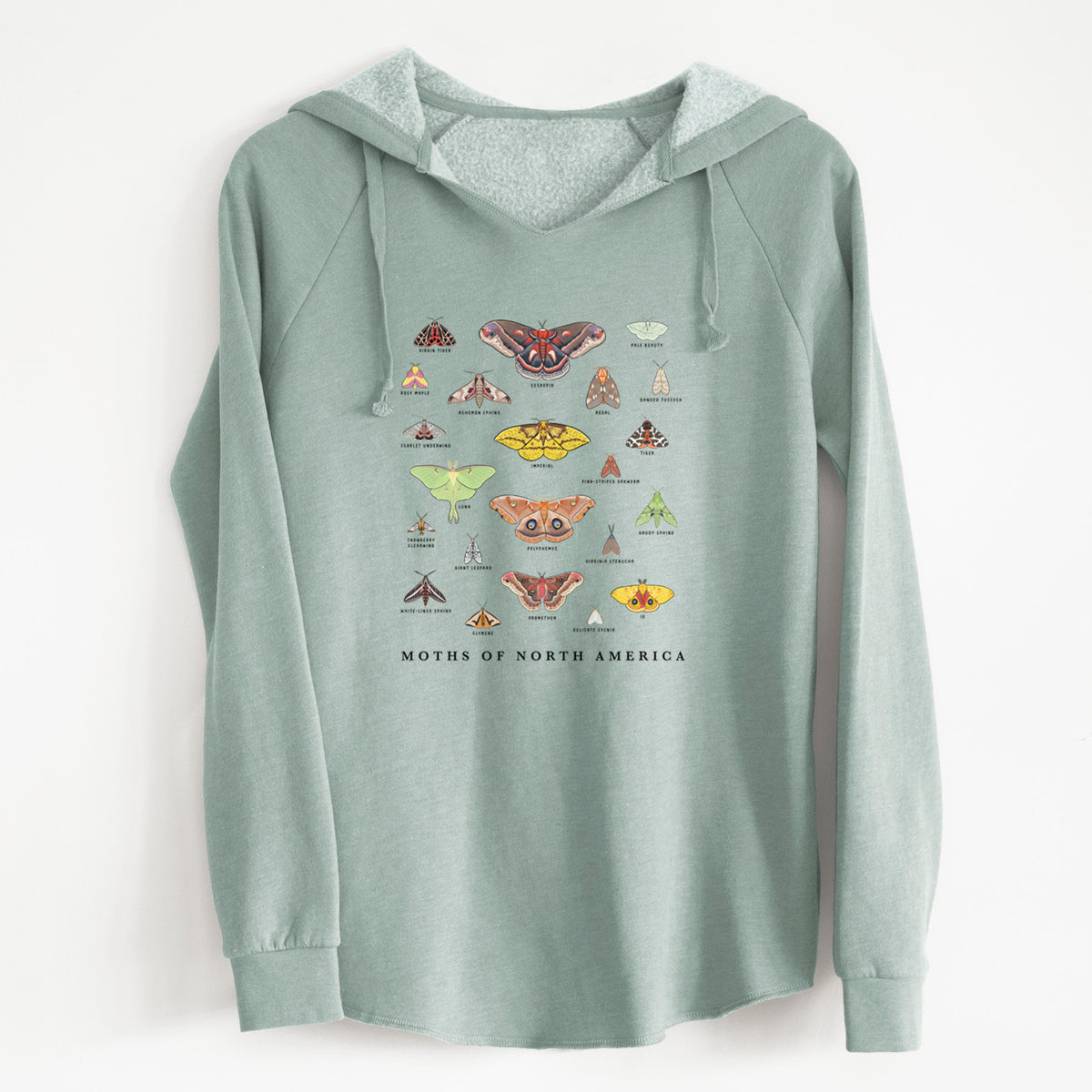 Sage green women's Cali Wave hooded sweatshirt laid flat, printed with a full-color chart of North American moths, each labeled with its species.