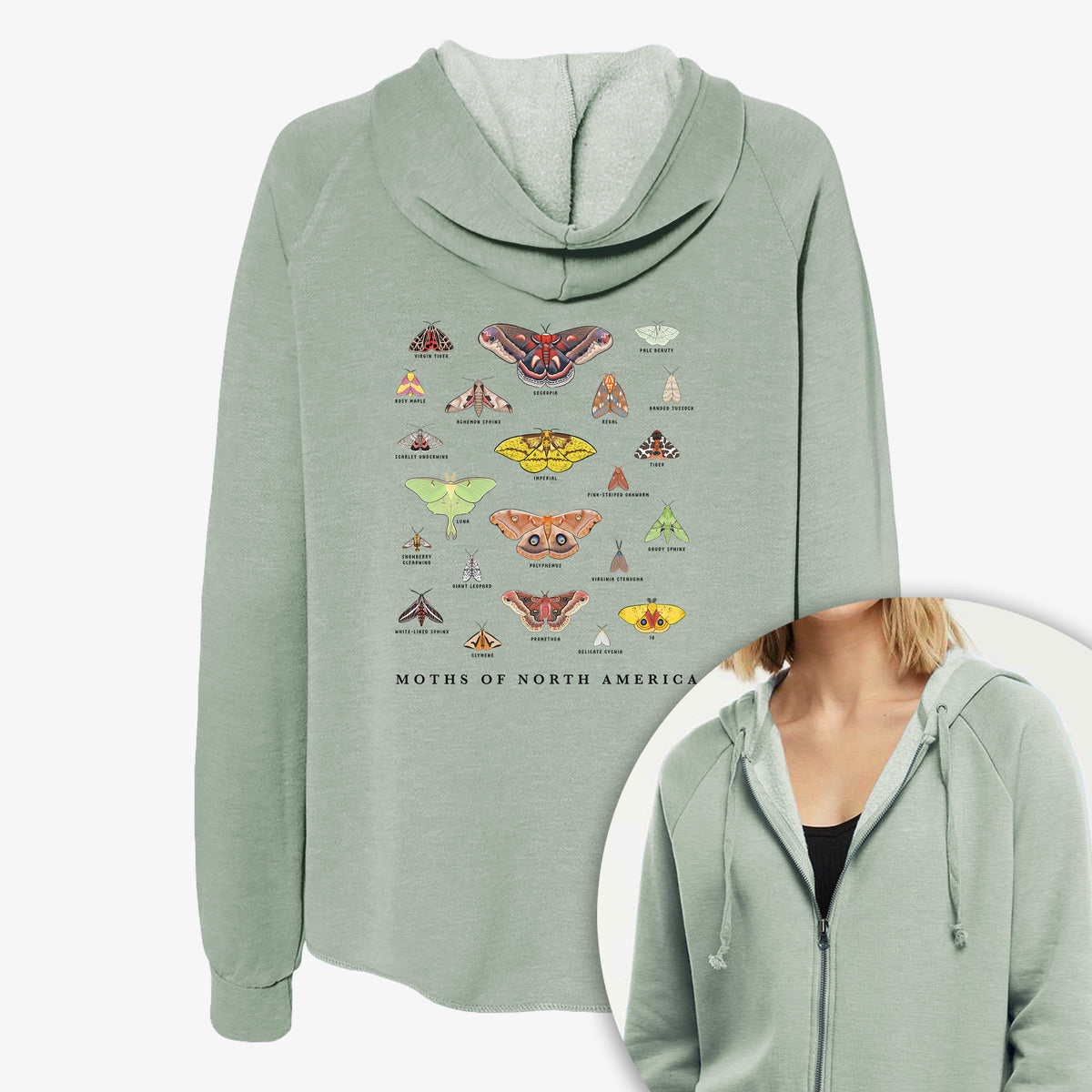 Women's Cali Wave zip-up sweatshirt printed with a full-color chart of North American moths, each labeled with its species, with a close-up of the zipper.