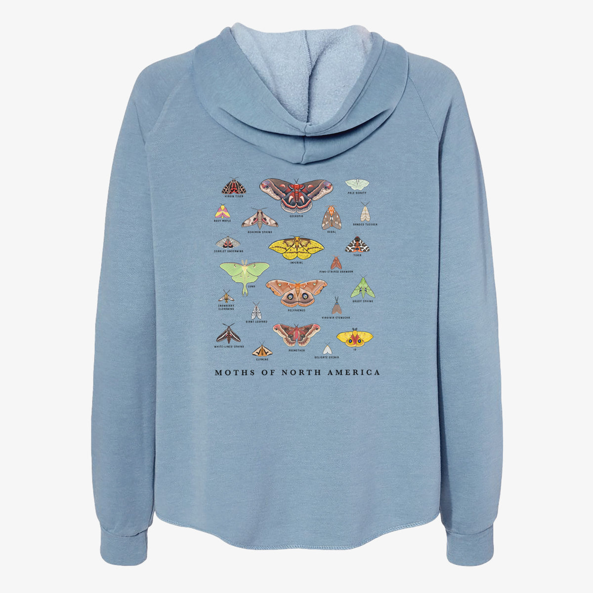 Misty blue women's Cali Wave zip-up sweatshirt laid flat, printed with a full-color chart of North American moths, each labeled with its species.