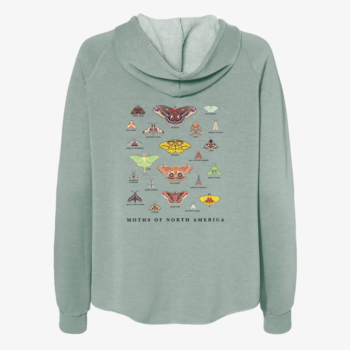 Sage green women's Cali Wave zip-up sweatshirt laid flat, printed with a full-color chart of North American moths, each labeled with its species.