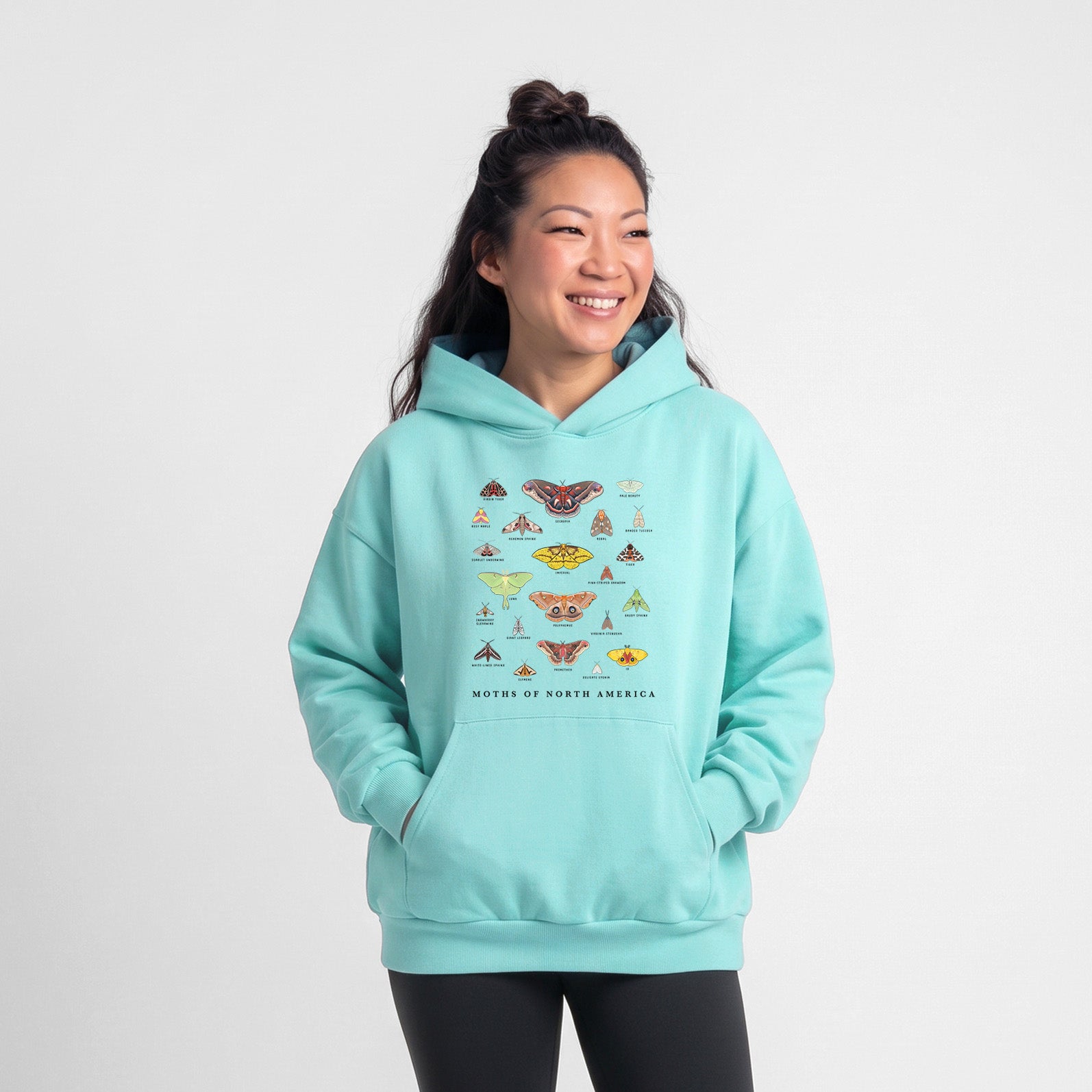 Moths of North America - Statement Midweight Hoodie in Violet, laid flat, showing the oversized boxy fit and front kangaroo pocket.