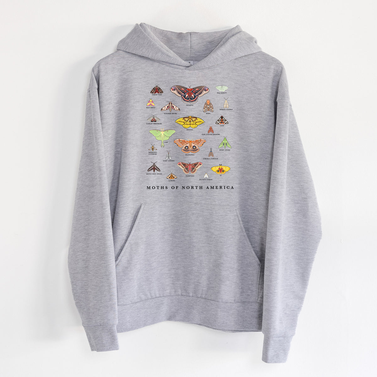 Moths of North America - Statement Midweight Hoodie in Heather Grey, hanging on a white wall, with a front kangaroo pocket and no drawcords.
