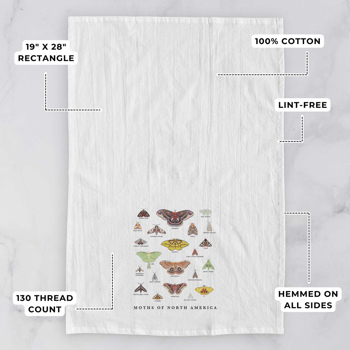 White tea towel printed with a full-color chart of North American moths, each labeled with its species, with feature labels: 19 by 28 inch rectangle, 100% cotton, lint-free, 130 thread count, hemmed on all sides.
