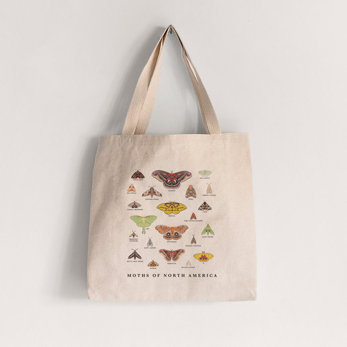 Natural canvas tote bag printed with a full-color chart of North American moths, each labeled with its species.