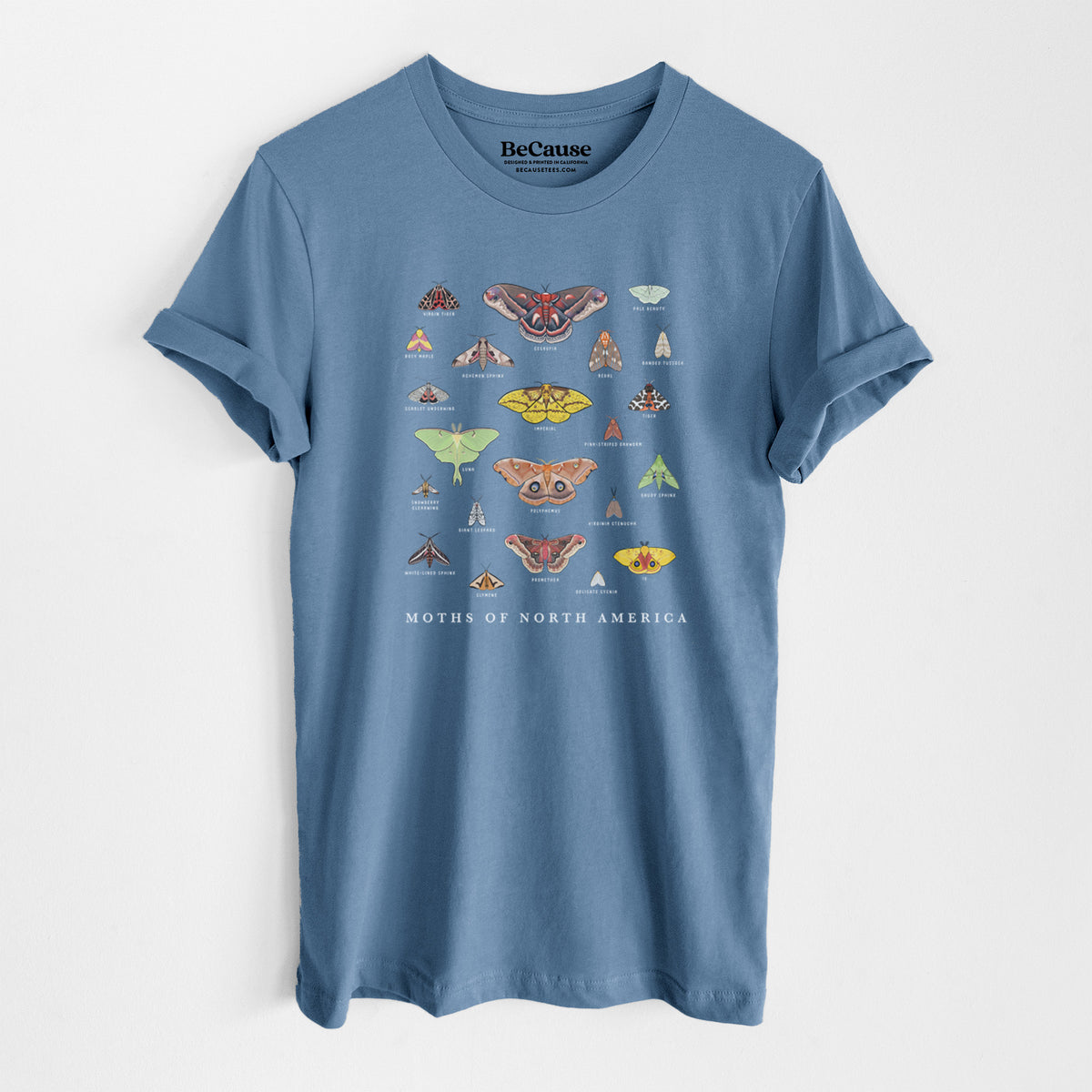 Steel blue lightweight cotton t-shirt laid flat, printed with a full-color chart of North American moths, each labeled with its species.