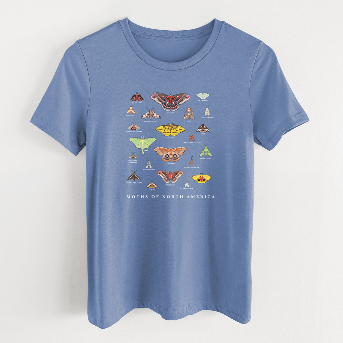 Blue bell women's relaxed fit cotton t-shirt laid flat, printed with a full-color chart of North American moths, each labeled with its species.