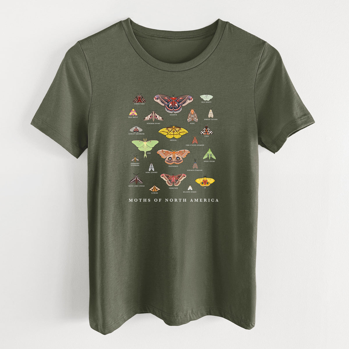 Military green women's relaxed fit cotton t-shirt laid flat, printed with a full-color chart of North American moths, each labeled with its species.