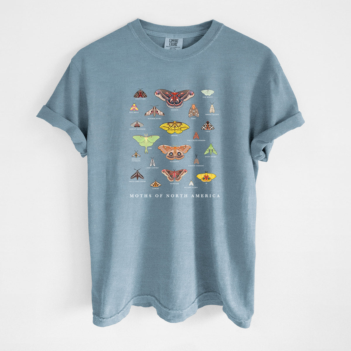 Steel blue Comfort Colors t-shirt laid flat, printed with a full-color chart of North American moths, each labeled with its species.