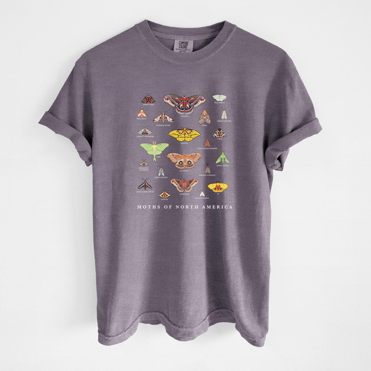Wine red Comfort Colors t-shirt laid flat, printed with a full-color chart of North American moths, each labeled with its species.