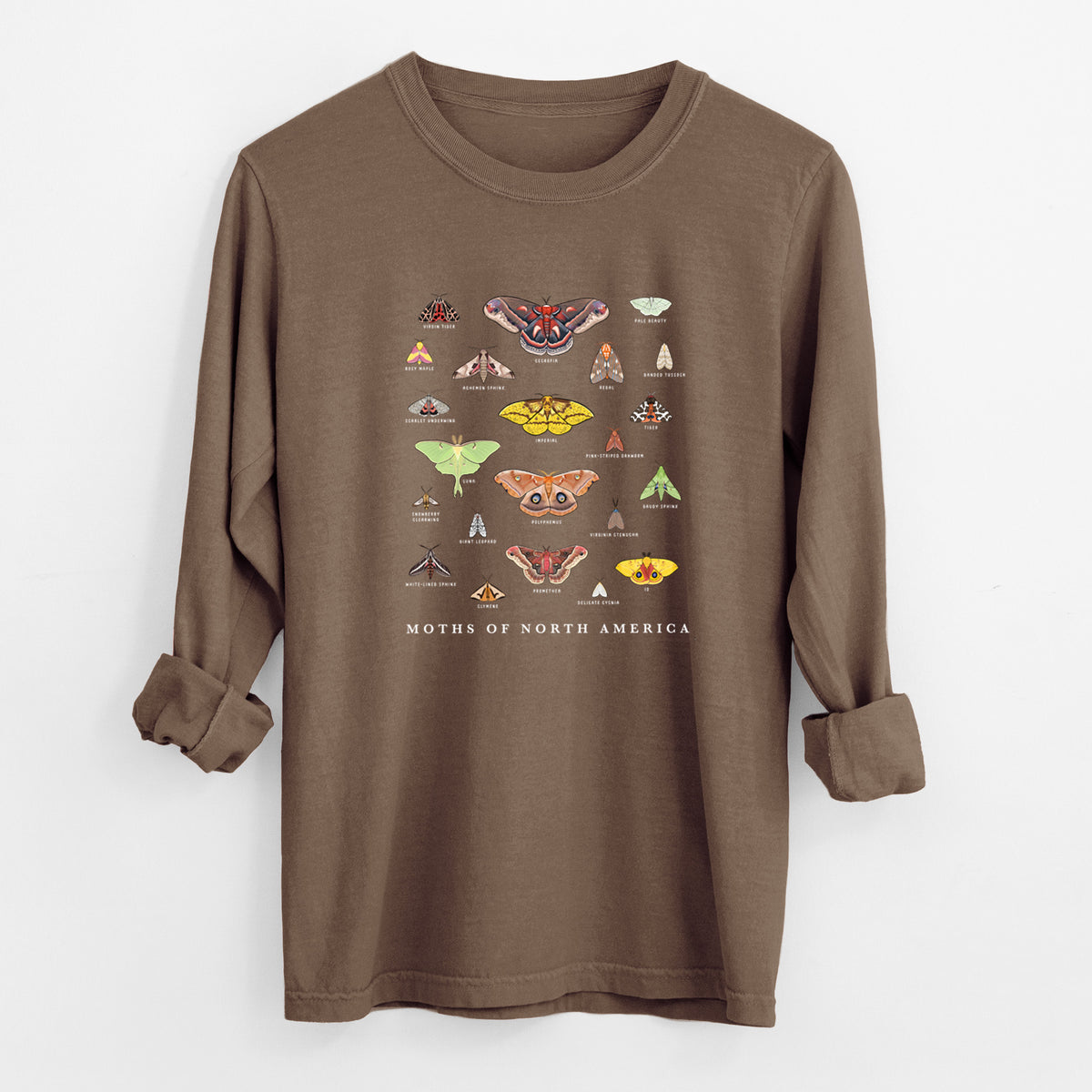 Espresso brown Comfort Colors long sleeve shirt laid flat with the cuffs rolled, printed with a full-color chart of North American moths, each labeled with its species.