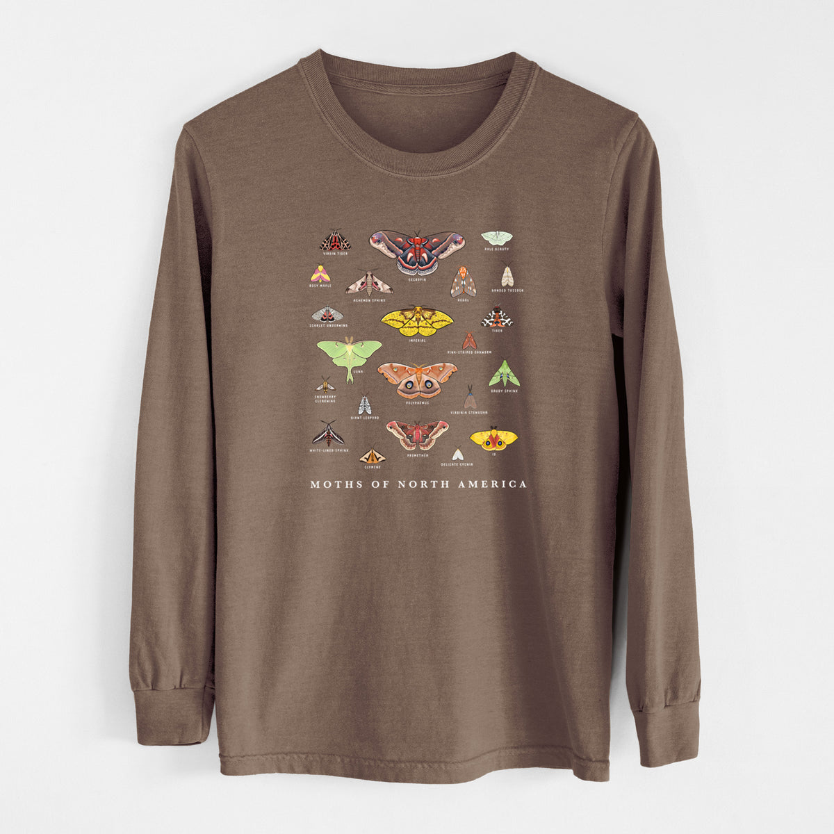 Espresso brown Comfort Colors long sleeve shirt laid flat, printed with a full-color chart of North American moths, each labeled with its species.