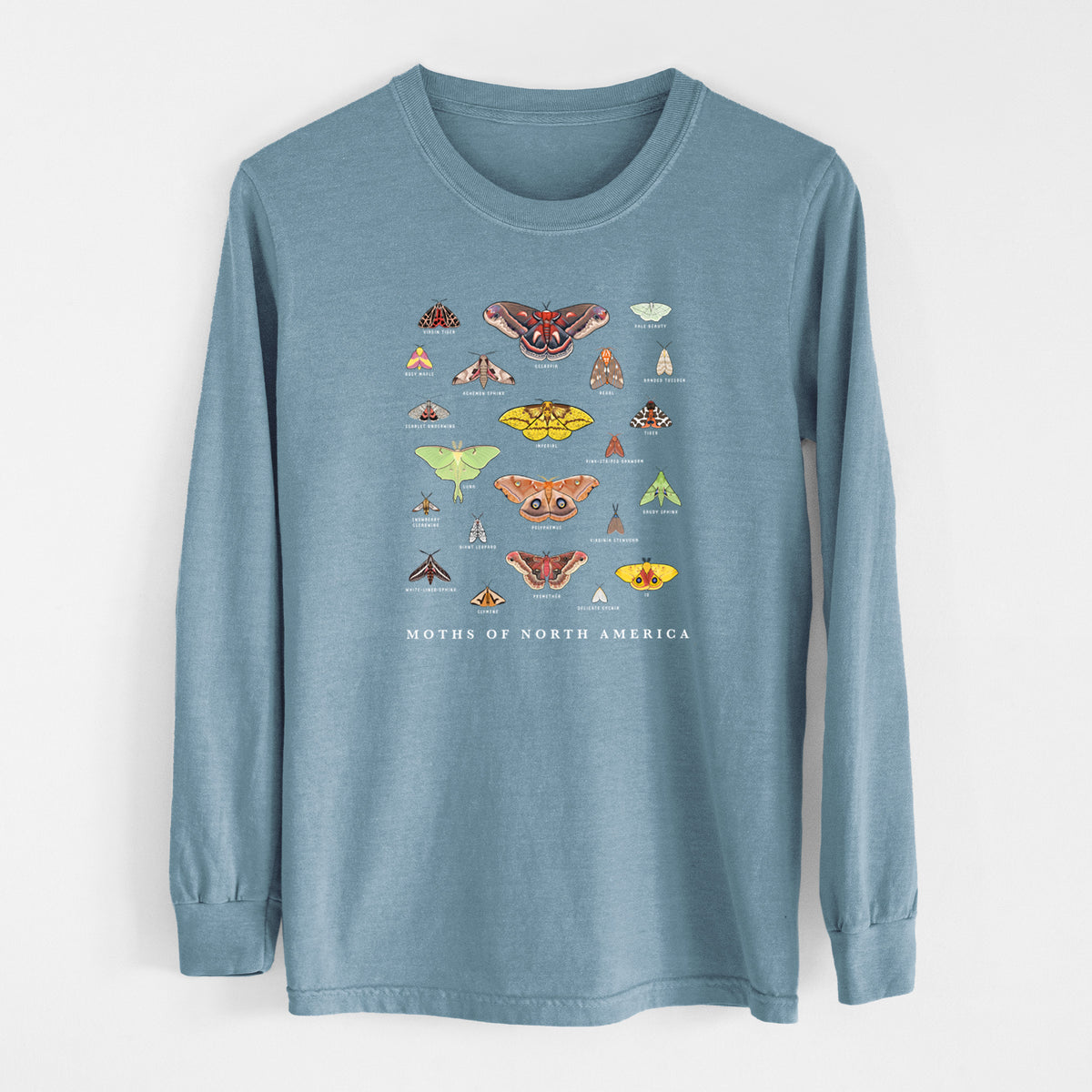 Steel blue Comfort Colors long sleeve shirt laid flat, printed with a full-color chart of North American moths, each labeled with its species.