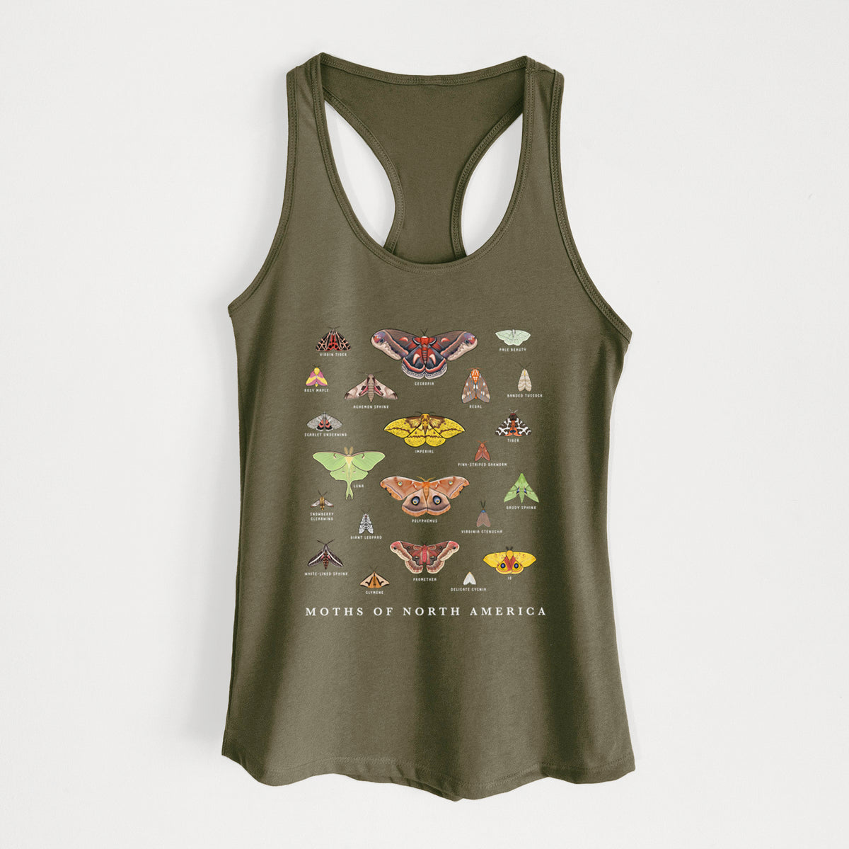 Military green women's racerback tank top laid flat, printed with a full-color chart of North American moths, each labeled with its species.