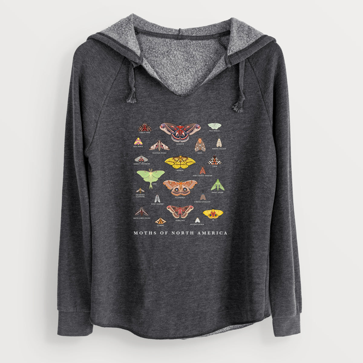 Charcoal grey women's Cali Wave hooded sweatshirt laid flat, printed with a full-color chart of North American moths, each labeled with its species.