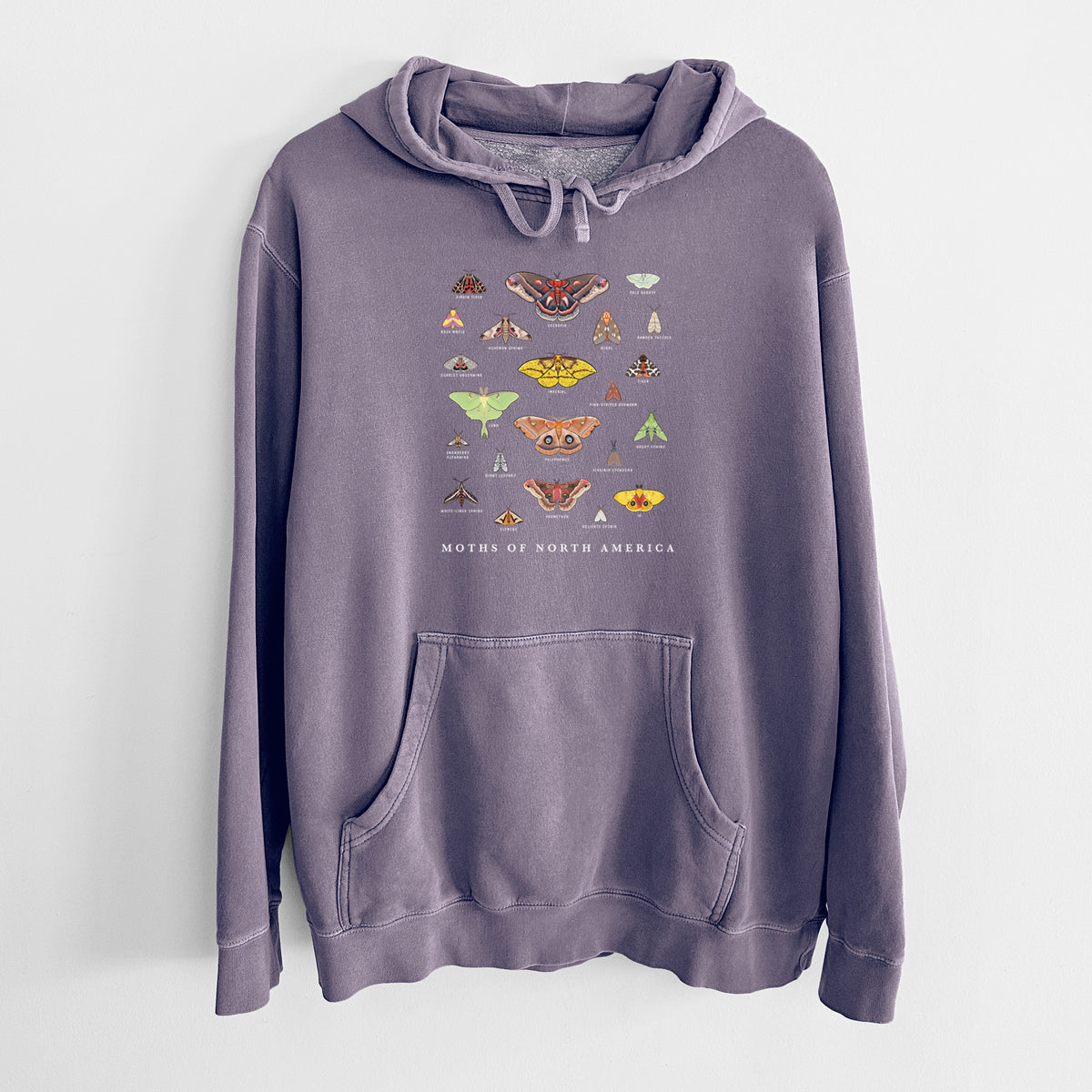 Plum purple pigment dyed hoodie laid flat, printed with a full-color chart of North American moths, each labeled with its species.