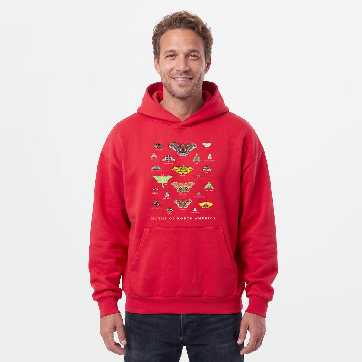 Male model wearing the Moths of North America - Statement Midweight Hoodie.