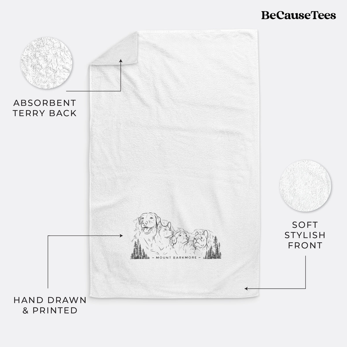 White hand towel printed with a black ink illustration of four dog faces carved into a mountain, with the words Mount Barkmore.