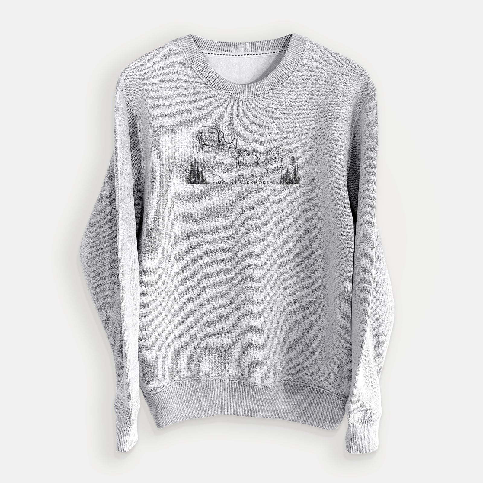 Salt and pepper knit sweatshirt laid flat, printed with a black ink illustration of four dog faces carved into a mountain, with the words Mount Barkmore.