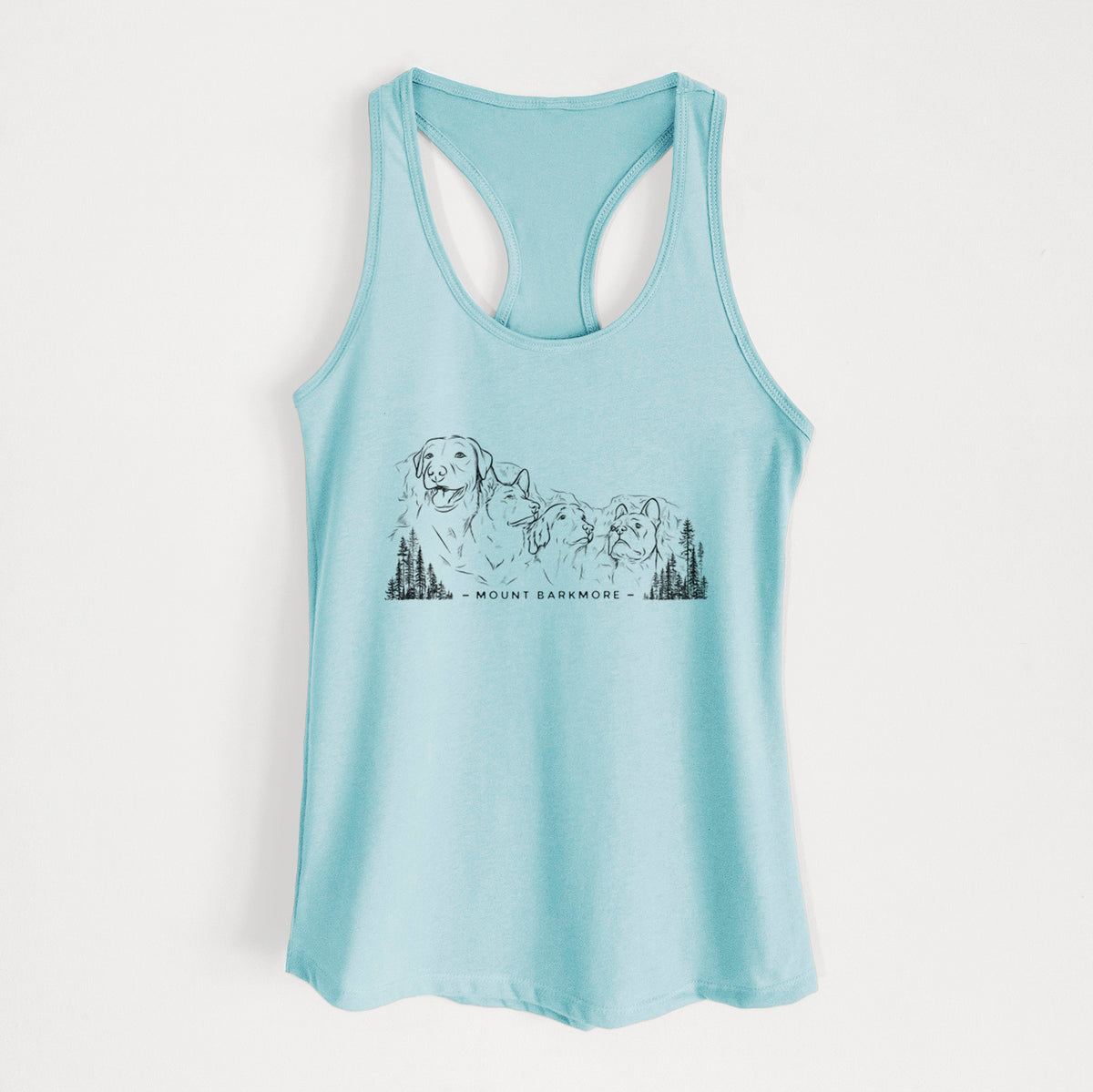 Cancun blue women's racerback tank top laid flat, printed with a black ink illustration of four dog faces carved into a mountain, with the words Mount Barkmore.