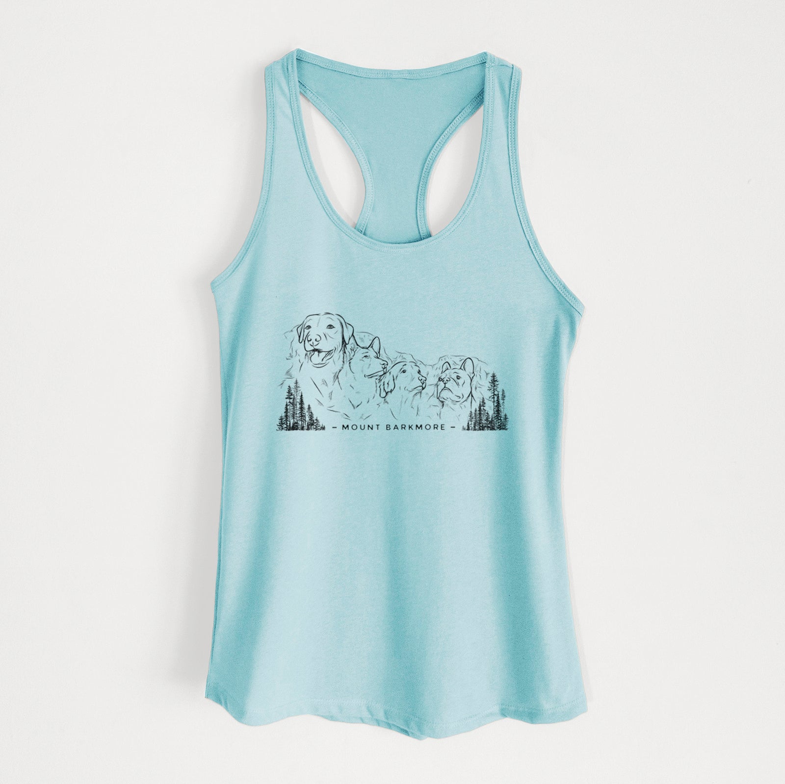 Banana cream women's racerback tank top laid flat, printed with a black ink illustration of four dog faces carved into a mountain, with the words Mount Barkmore.