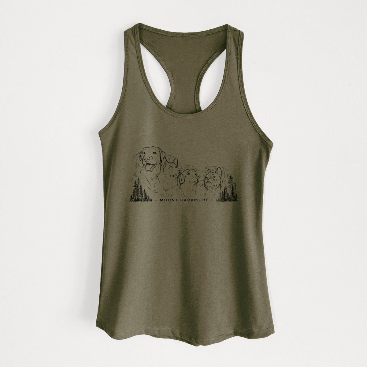 Military green women's racerback tank top laid flat, printed with a black ink illustration of four dog faces carved into a mountain, with the words Mount Barkmore.