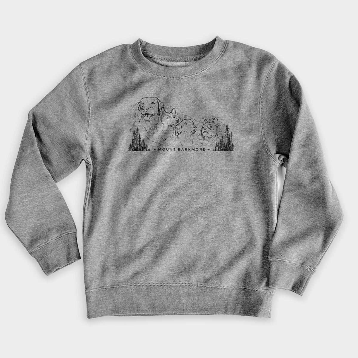 Nickel grey youth crewneck sweatshirt laid flat, printed with a black ink illustration of four dog faces carved into a mountain, with the words Mount Barkmore.