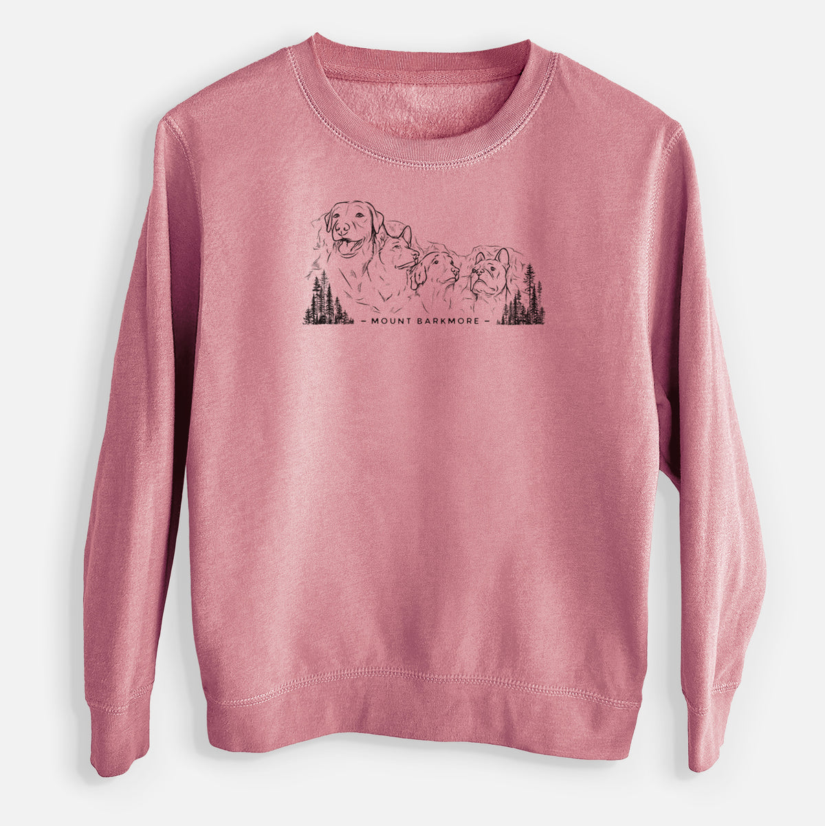 Mauve pink youth crewneck sweatshirt laid flat, printed with a black ink illustration of four dog faces carved into a mountain, with the words Mount Barkmore.