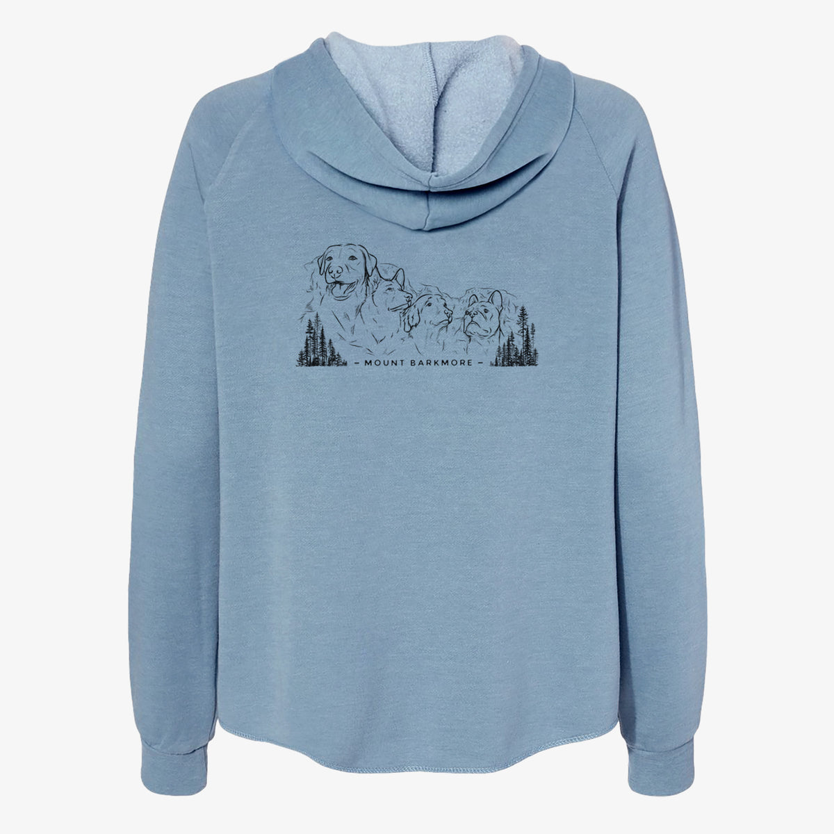 Misty blue women's Cali Wave zip-up sweatshirt laid flat, printed with a black ink illustration of four dog faces carved into a mountain, with the words Mount Barkmore.
