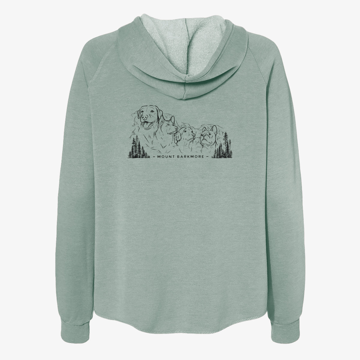 Sage green women's Cali Wave zip-up sweatshirt laid flat, printed with a black ink illustration of four dog faces carved into a mountain, with the words Mount Barkmore.