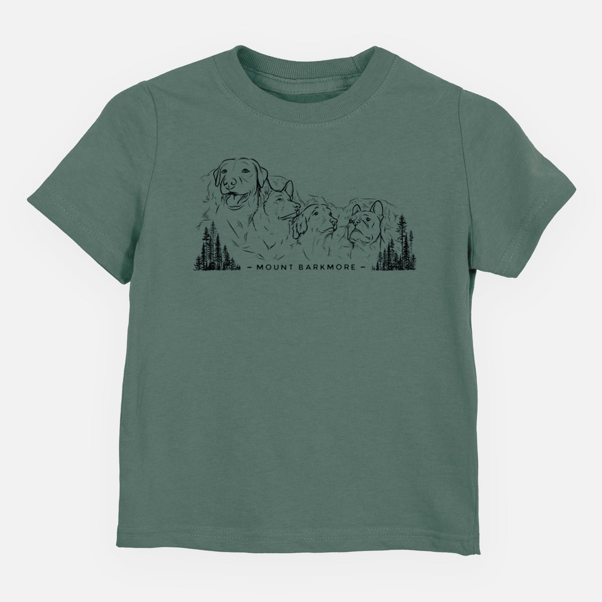 Basil green toddler t-shirt laid flat, printed with a black ink illustration of four dog faces carved into a mountain, with the words Mount Barkmore.