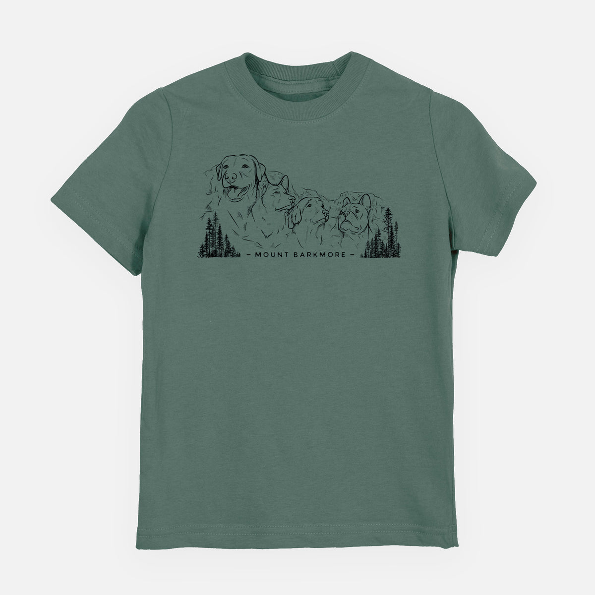 Basil green youth t-shirt laid flat, printed with a black ink illustration of four dog faces carved into a mountain, with the words Mount Barkmore.