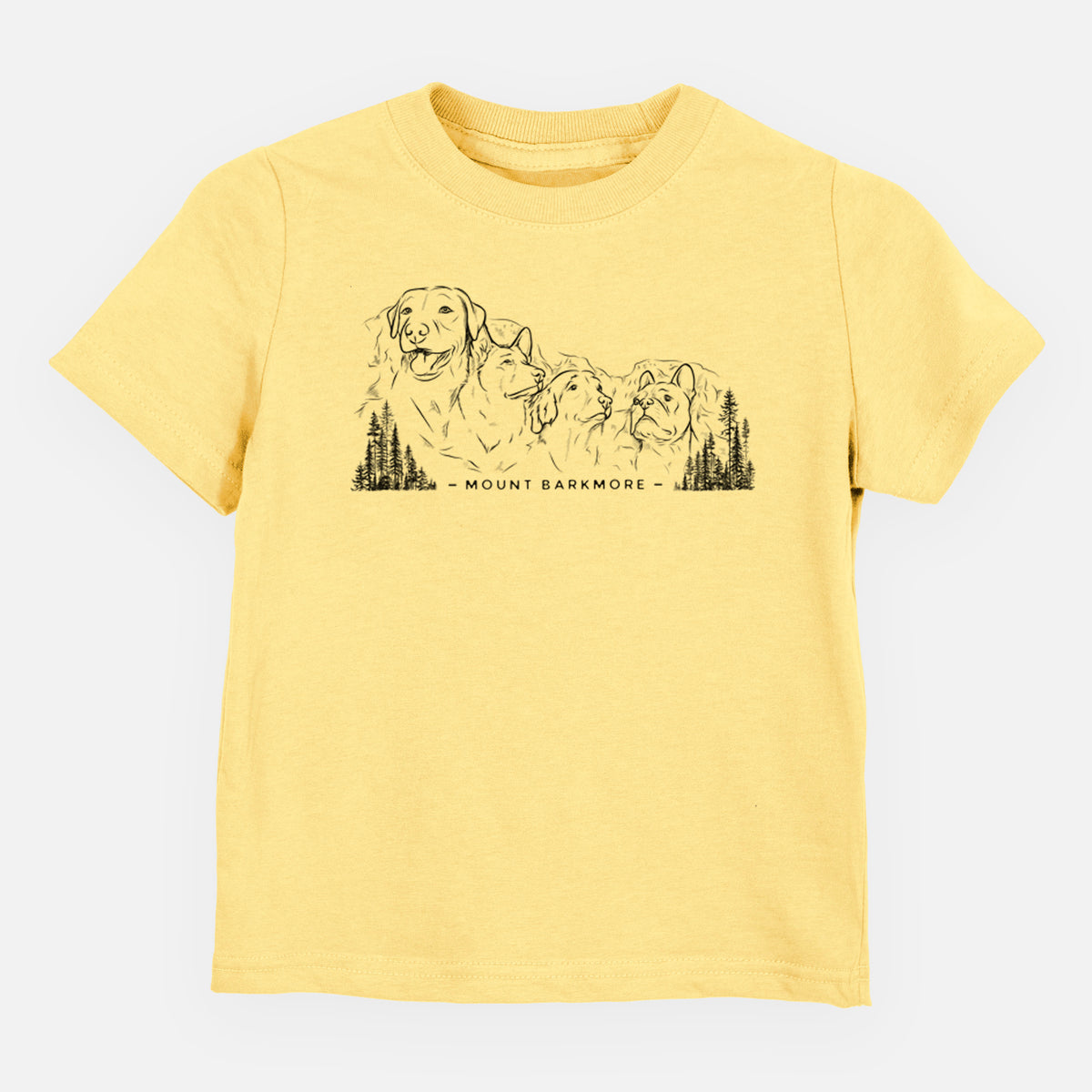 Butter yellow toddler t-shirt laid flat, printed with a black ink illustration of four dog faces carved into a mountain, with the words Mount Barkmore.