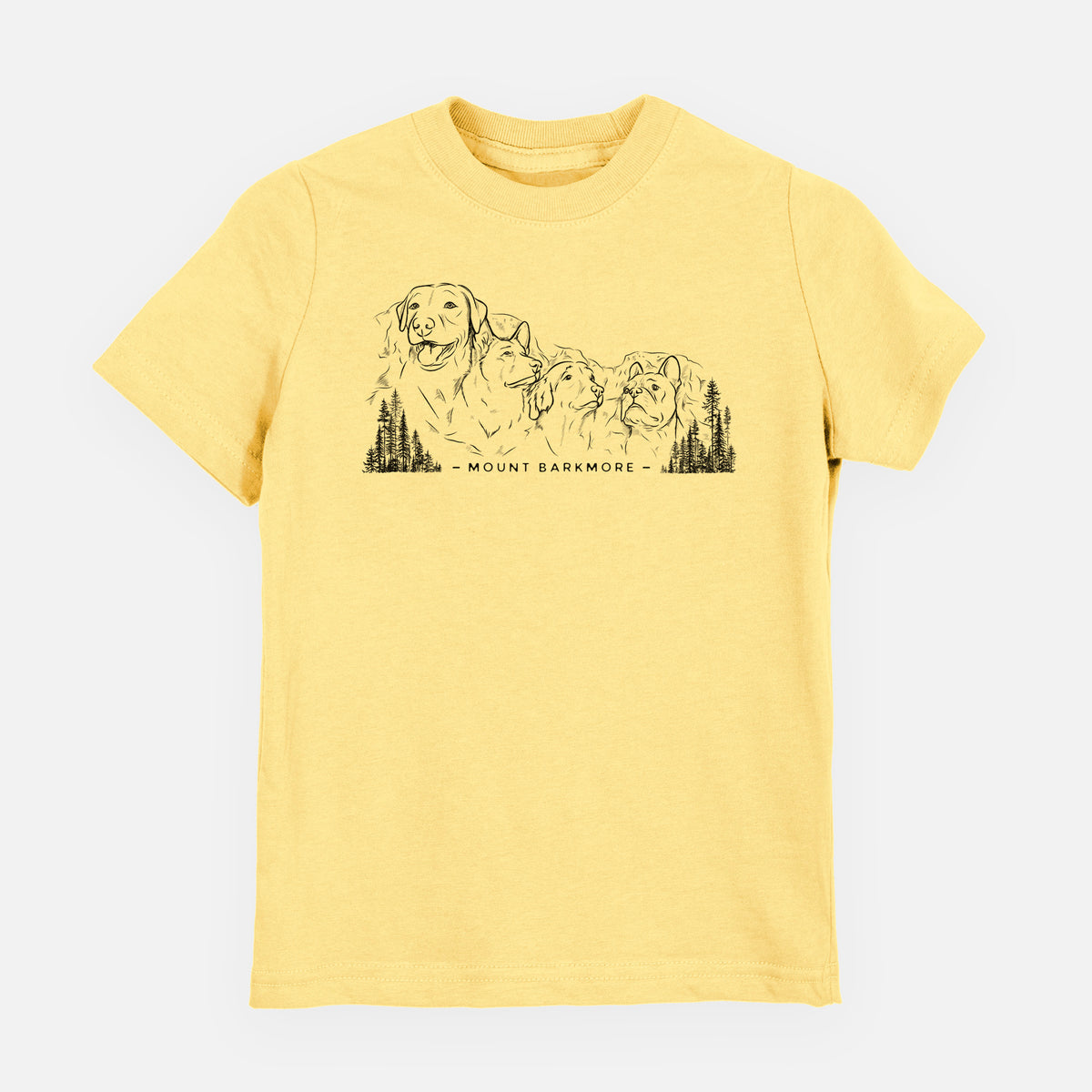 Butter yellow youth t-shirt laid flat, printed with a black ink illustration of four dog faces carved into a mountain, with the words Mount Barkmore.