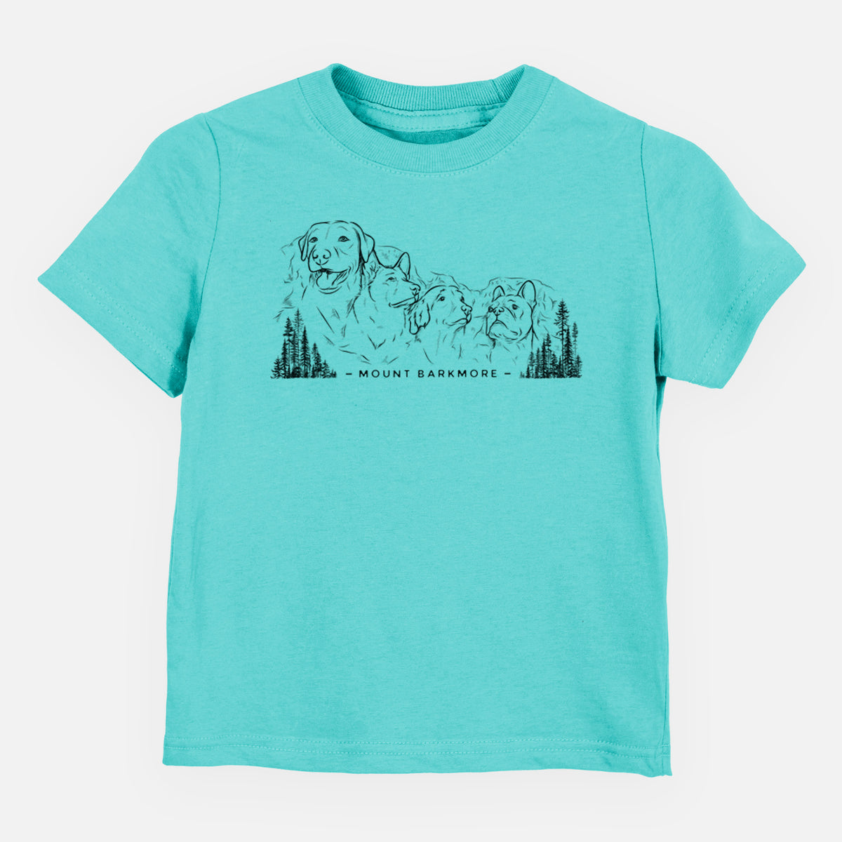 Caribbean blue toddler t-shirt laid flat, printed with a black ink illustration of four dog faces carved into a mountain, with the words Mount Barkmore.